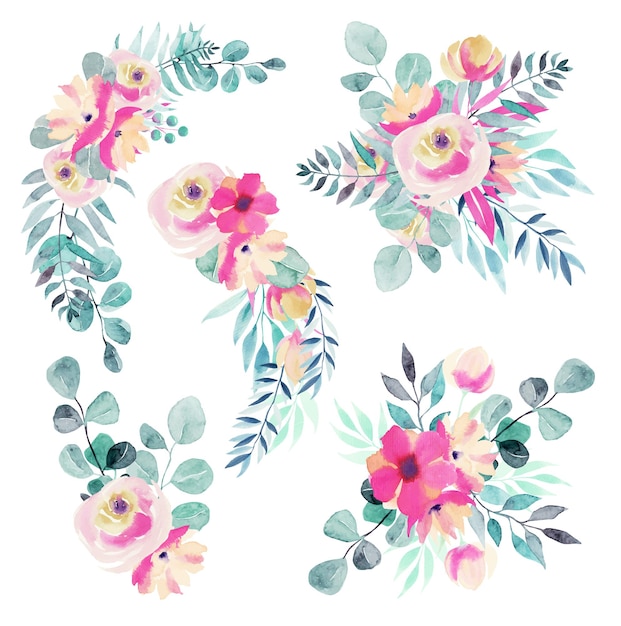 Set of watercolor spring floral bouquets and compositions of pink flowers, wildflowers, green leaves, branches and eucalyptus