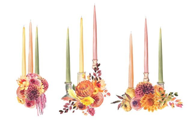 Vector set of watercolor stylish compositions with candles and autumn flowers, thanksgiving clipart