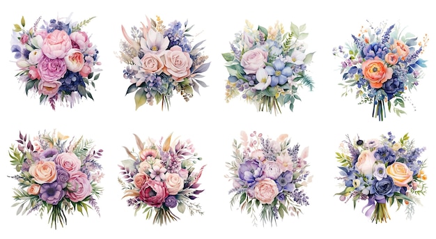 Vector a set of watercolor wedding bouquets wedding elements watercolor flowers