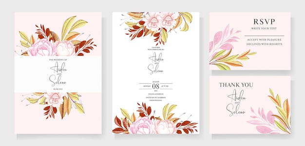 Set of watercolor wedding invitation card template set with burgundy and peach watercolor