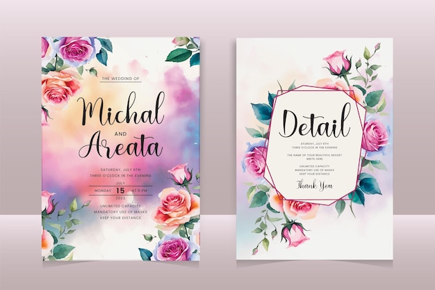 Set of watercolor wedding invitation template and burgundy floral and leaves decoration