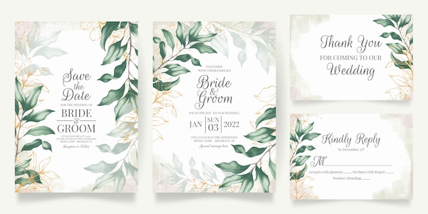 Set of watercolor wedding invitation with leaves decoration