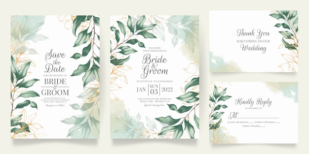 Set of watercolor wedding invitation with leaves decoration