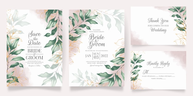 Set of watercolor wedding invitation with leaves decoration