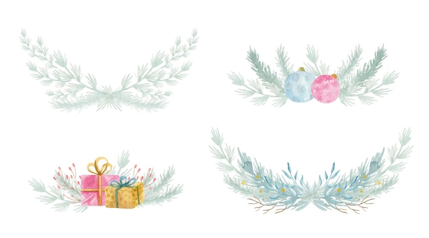 Set of watercolor winter floral fir wreath