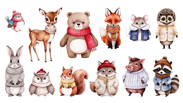 Vector set of watercolor woodland animals in winter clothes autumnal animals bear fox boar deer squirrel owl hare hedgehog