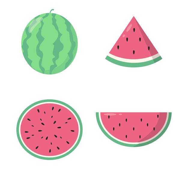 Set of watermelon flat cartoon vector illustration Vegetarian and ecology food Healthy food Sweet water melon Tropical fruits White background