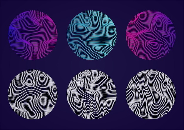 Set of wavy spheres with lines. Liquid geometric shapes artificial intelligence. Concept of artificial intelligence, big data.