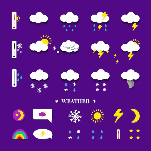 Set of weather elements for the design set on a purple background Vector illustration