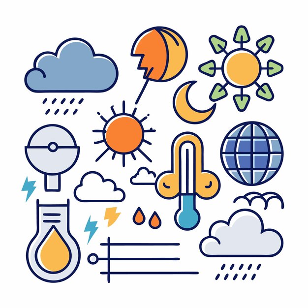 Vector set of weather icons including sun moon cloud rain thunder lightning temperature globe and rain drop