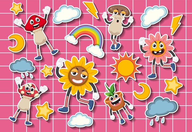 Set of weather sticker cartoon character on grid background