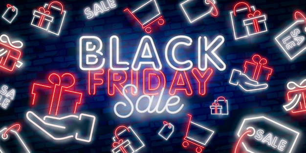 Set web banner Black Friday. Neon sign. Web banner, logo, emblem and label. Neon sign, bright signboard, light banner.