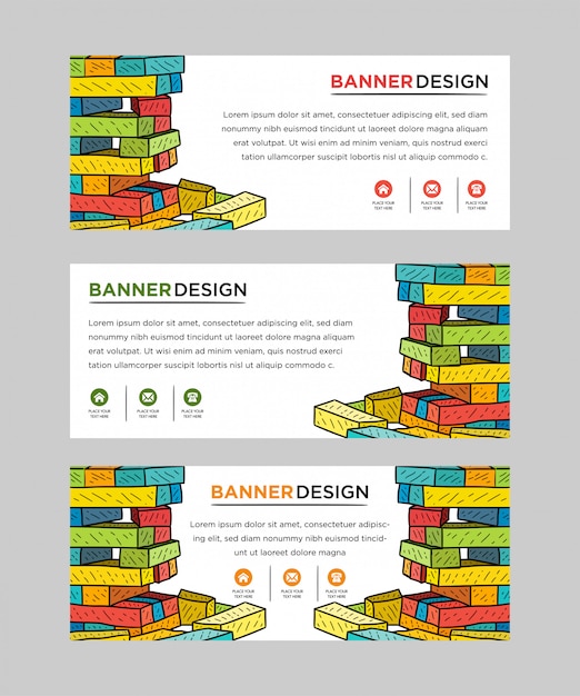 Vector set of web banner templates with brick construction, interlocking toy bricks, building blocks, parts or pieces