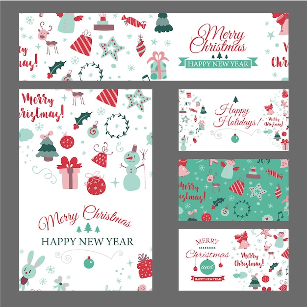 Set of web banners with christmas design elements in doodle style christmas cards vector