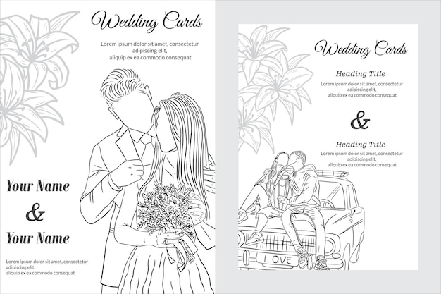 Set Wedding Card Elegant Line Art Love Happy beautiful beauty illustration