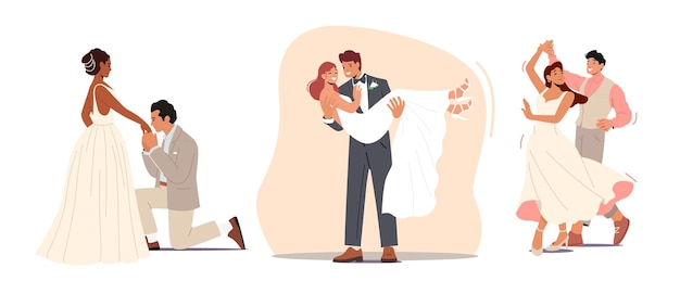 Set Wedding Ceremony Groom Carry Woman on Hands Stand on Knee Kissing Bride Hand Happy Newlyweds Couple Celebrate