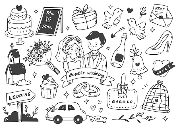 Vector set of wedding doodle line art vector illustration