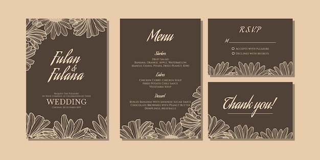 Set wedding invitation card template with doodle floral daisy flower outline monochrome style vintage retro traditional