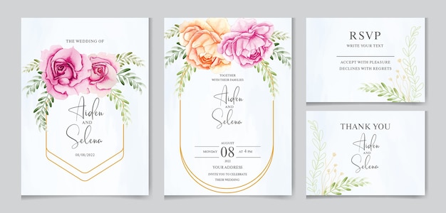 Set of wedding invitation card template with watercolor beautiful rose and leaves