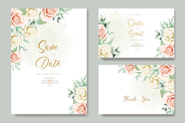 A set of wedding invitation cards with watercolor roses and leaves.