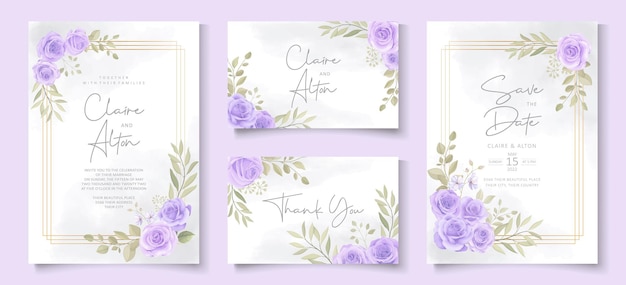 Set of wedding invitation template with beautiful purple blooming roses design