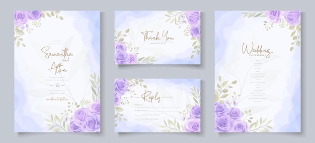 Set of wedding invitation template with beautiful purple blooming roses design