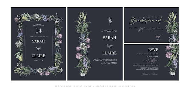 Set wedding invitation template with vintage flowers