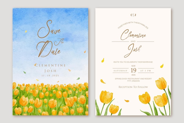 Vector set of wedding invitation with hand drawn watercolor spring yellow flower fields background