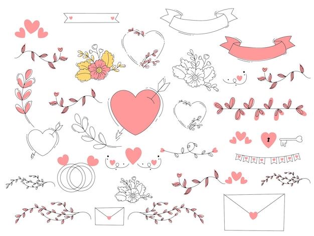 Vector set of wedding ornament hand drawn hearts