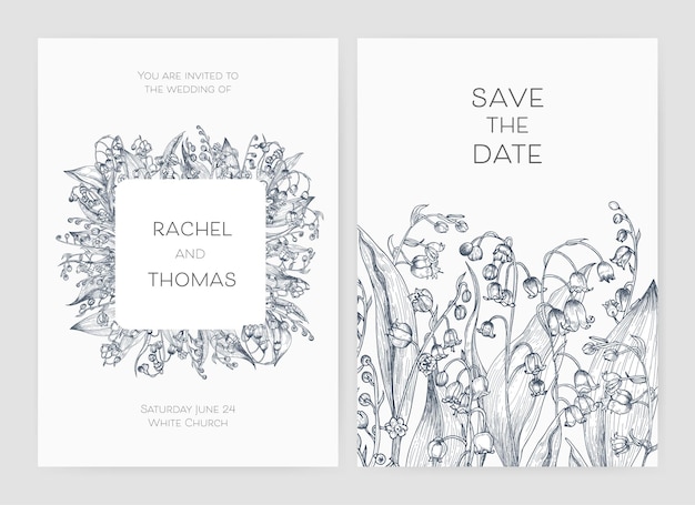 Set of wedding party invitation and Save The Date card templates with Lily of the valley flowers hand drawn