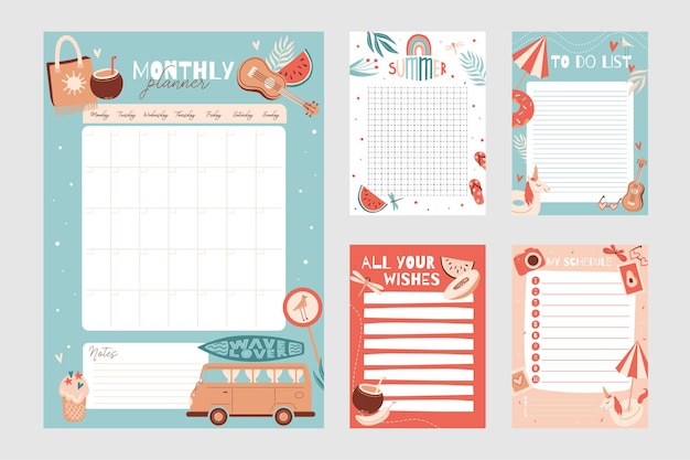 Set of weekly and daily Planner template  Schedule with Notes and To Do List with summer items