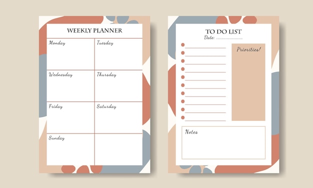 Set of Weekly Planner and To Do List Template with Hand Drawn Abstract Background