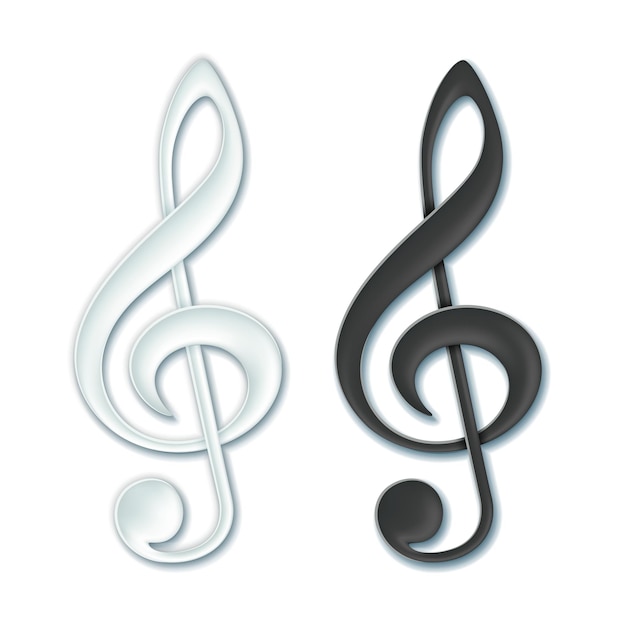 Set of White and Black Treble clef music violin clef sign Paper icon with shadow