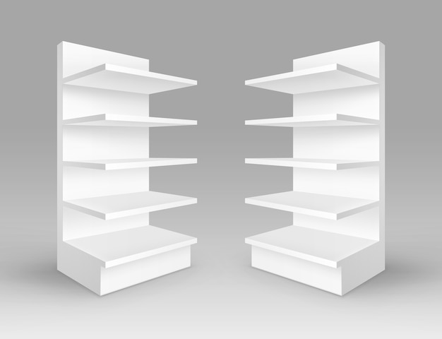 Set of White Blank Empty Exhibition Trade Stands Shop Racks with Shelves Storefronts Isolated on Background