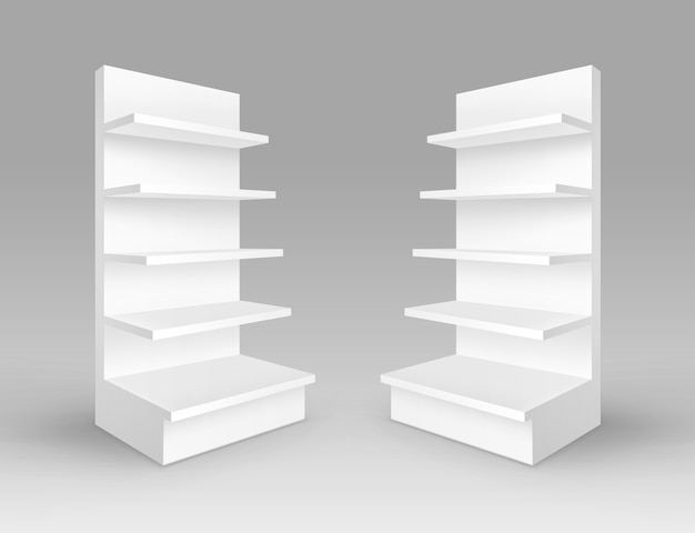 Set of White Blank Empty Exhibition Trade Stands Shop Racks with Shelves Storefronts Isolated on Background