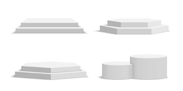 Set of white blank podiums. Pedestal.