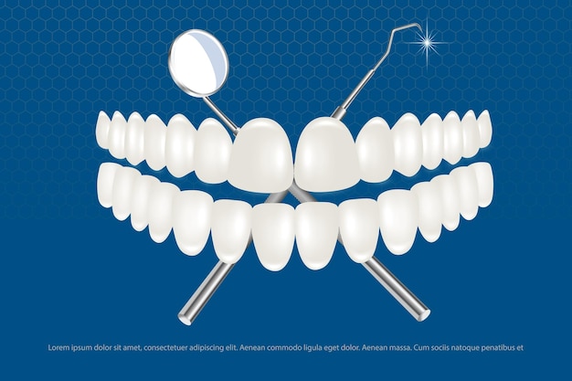 A set of white dentures with a dental instrument The design concept of dentistry and orthodontics for medicines and toothpaste Healthy oral hygiene prosthetics of the jaw veneers