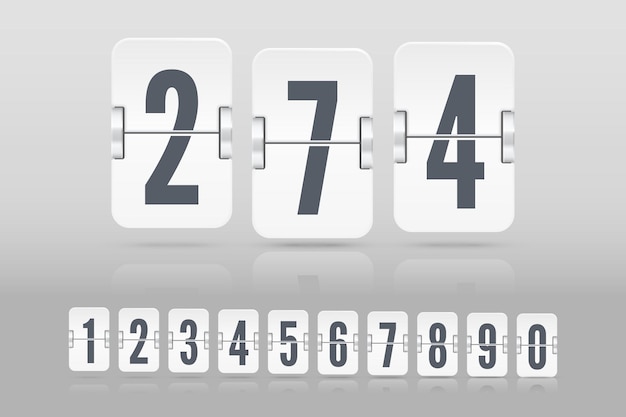 Set of white flip score board numbers with reflection floating on different height for countdown timer or calendar isolated on light background. Vector template for your design.