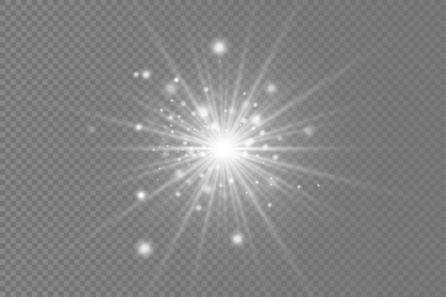 Set of white glowing light burst glow bright stars sun rays light effect flare of sunshine