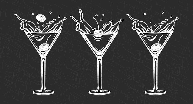 Set of white grunge drawings of refreshing cocktails with ice cubes straws and umbrellas on a dark