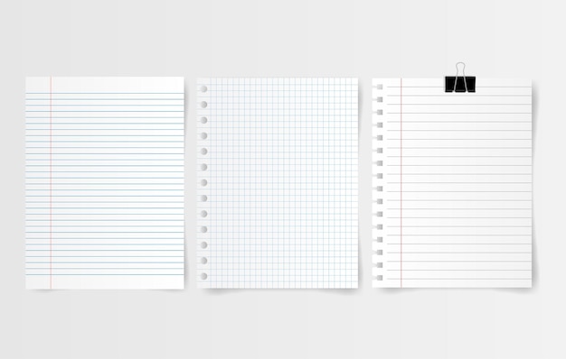 Set of white note paper and notebook sheet on gray background