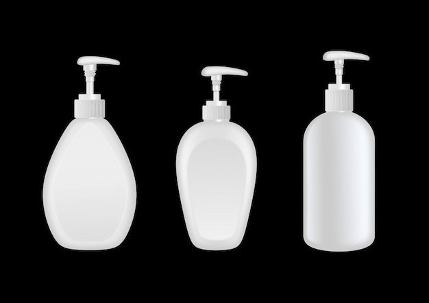 Set of white plastic bottles with dispenser. Hand sanitizer or liquid soap