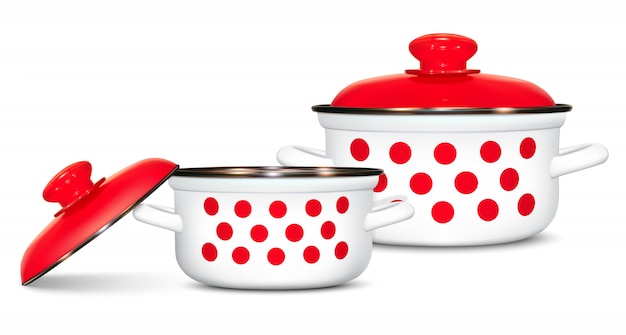 Set of white pots with a pattern of red peas. Cooking. Kitchen utensils