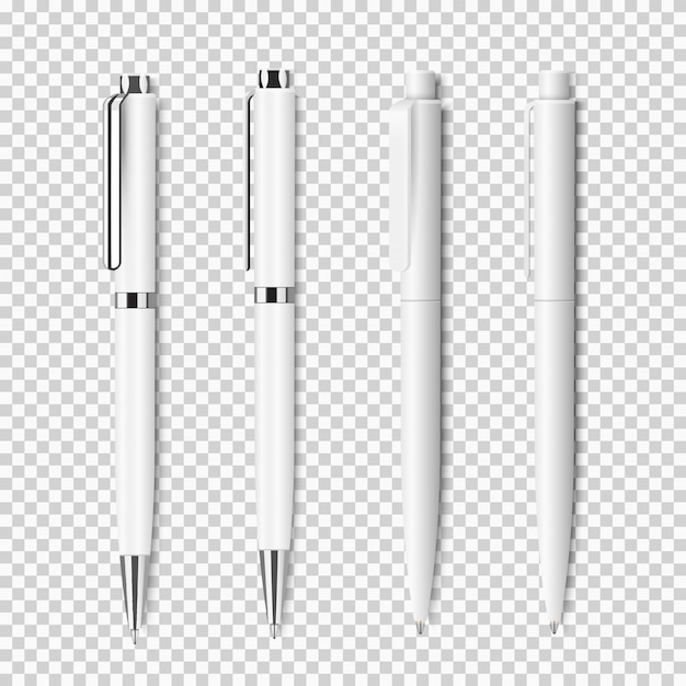 Set of white realistic pen on transparent background