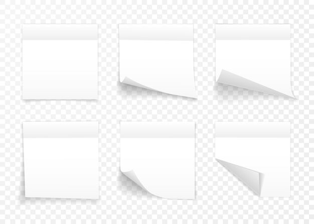 Set of white sheets of note paper isolated on transparent background. Sticky notes. 