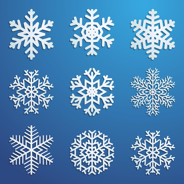 Set of white snowflakes various forms with shadows on blue background