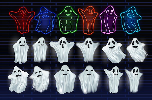 Set white transparent and neon ghost vector illustration Ghosts isolated on dark background Vector