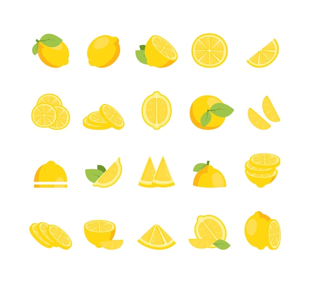 Set of whole ripe lemons and fresh slices with flat leaf illustration isolated