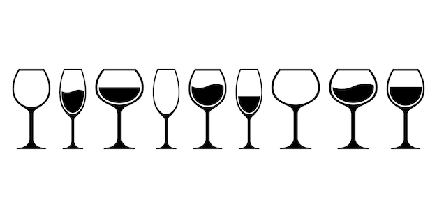 Set of wine glasses black vector icons. Types with wine glasses. Empty and full wine glasses.