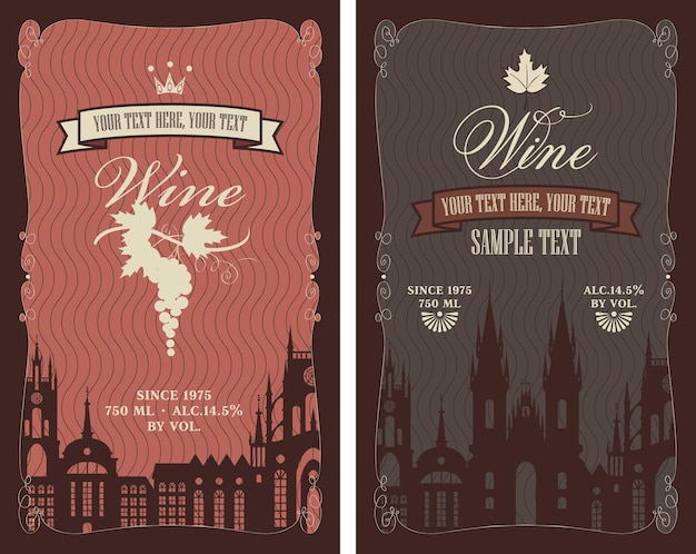 set of wine labels with old town